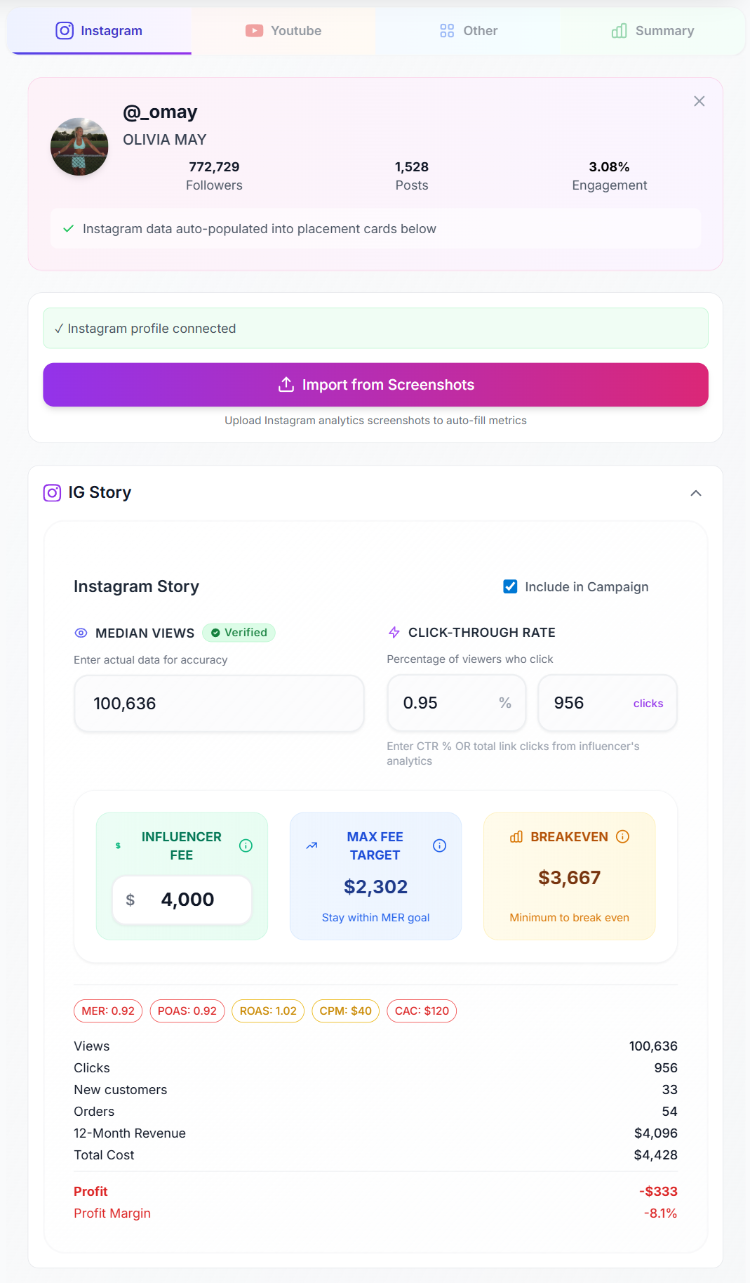 Creator data lookup and screenshot import